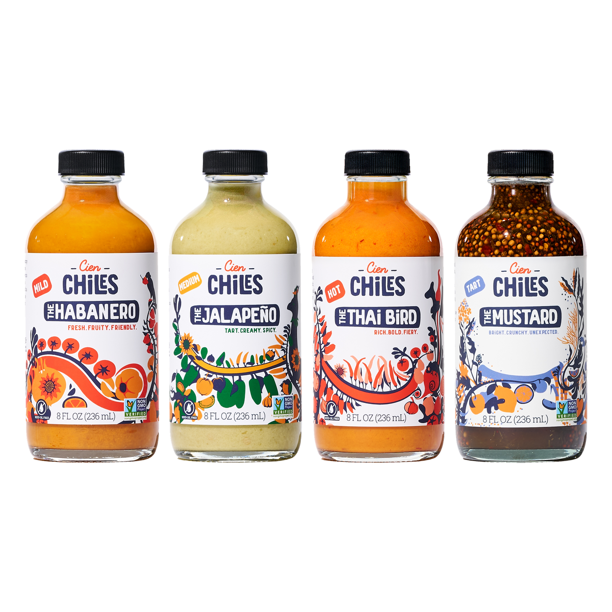 The Whole Family set: all four Cien Chiles bottles
