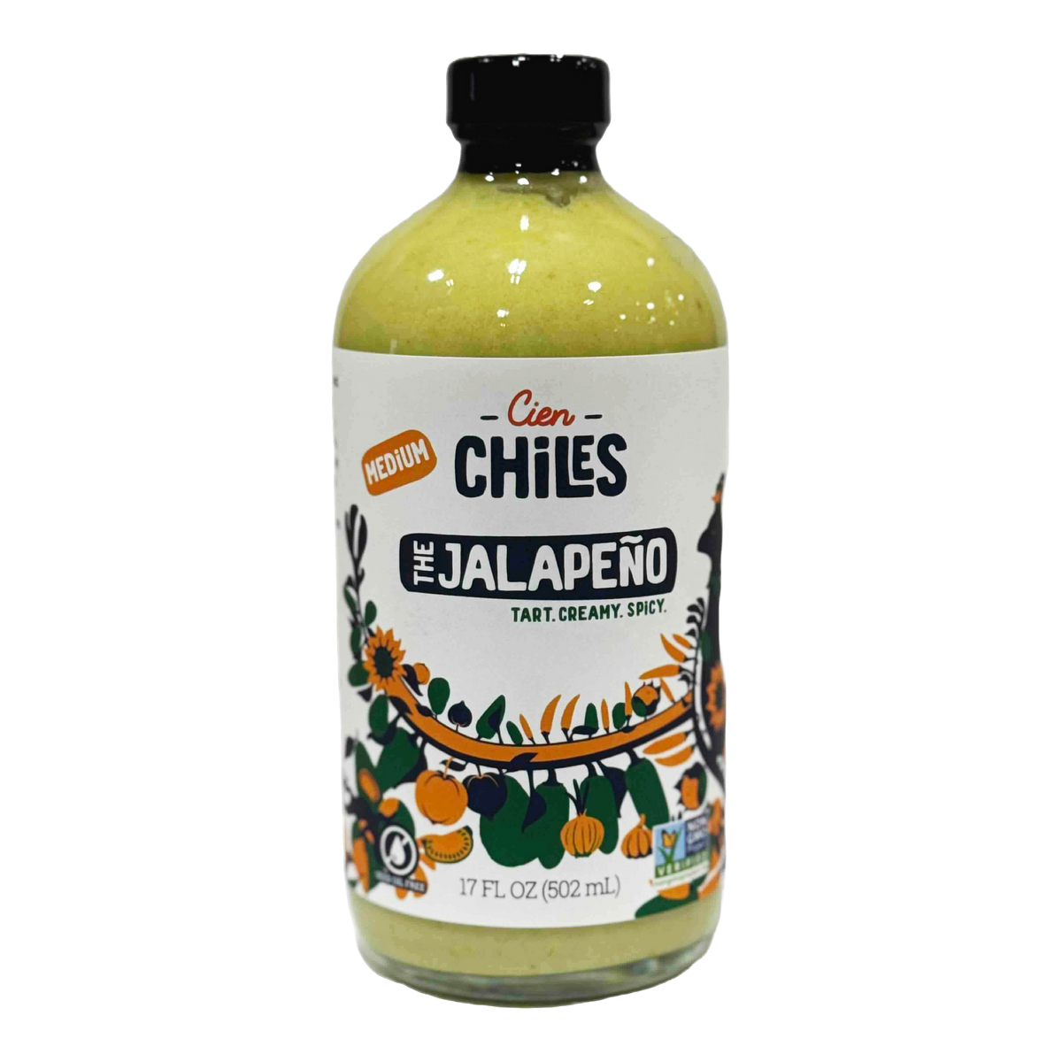 The Jalapeño 17 oz hot sauce by Cien Chiles, front