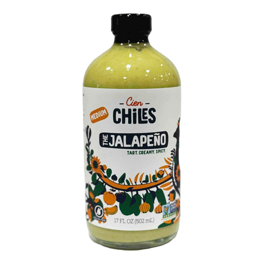 The Jalapeño 17 oz hot sauce by Cien Chiles, front